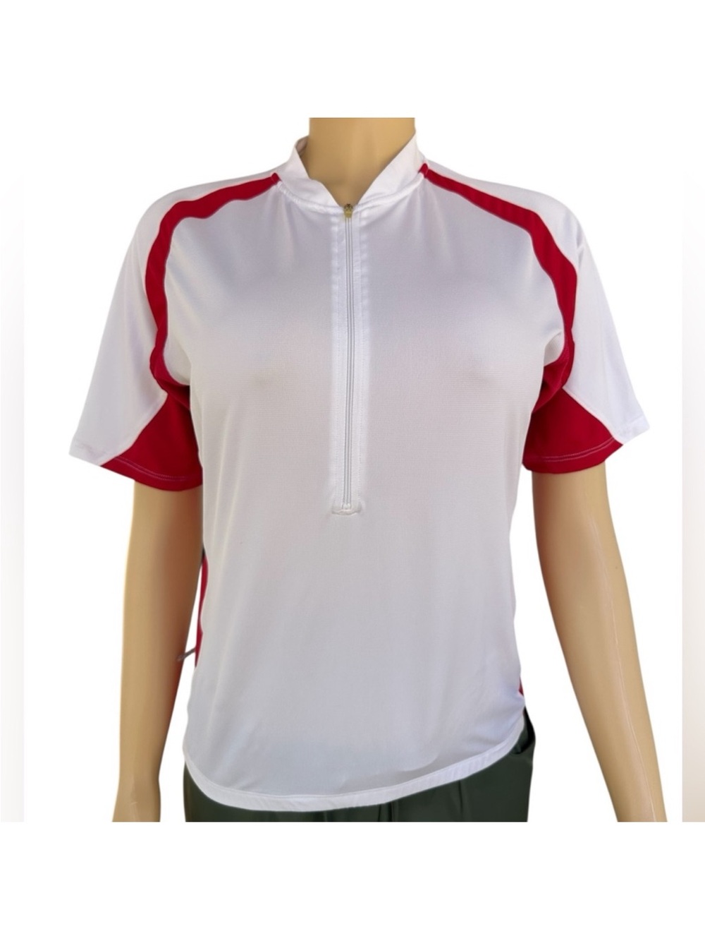 ZOOT Women’s White Short Sleeve Athletic Zip Cycling Polo with Red Accents